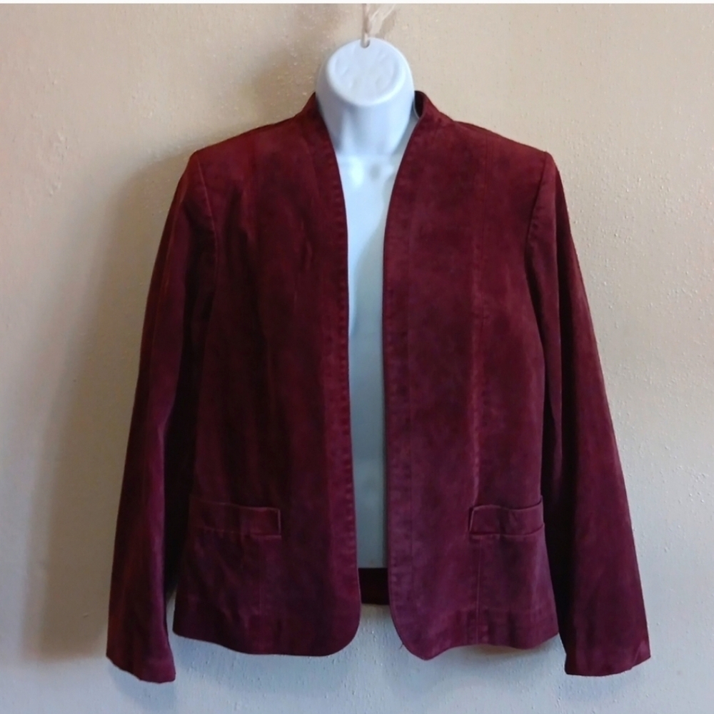 Velvety Vintage Cranberry Burgundy Open Front Blazer Jacket By Koret, Academia